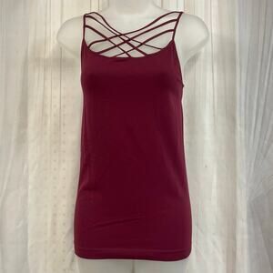 Burgundy Criss-Cross Cami Tank Top Strappy Front Detail Stretchy Layering